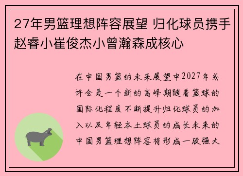 27年男篮理想阵容展望 归化球员携手赵睿小崔俊杰小曾瀚森成核心