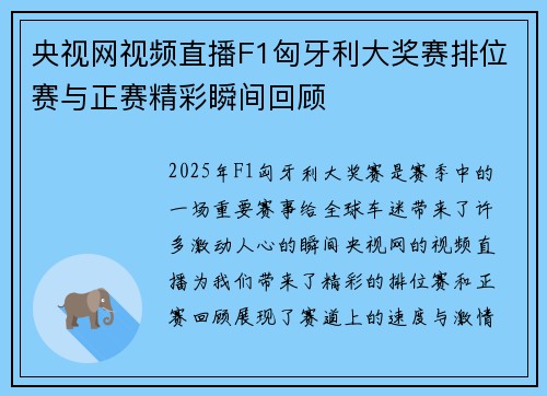 央视网视频直播F1匈牙利大奖赛排位赛与正赛精彩瞬间回顾